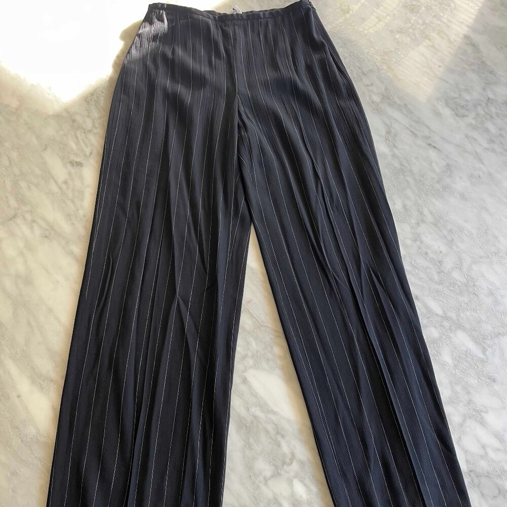 Armani Collezioni Pinstripe Wide Leg Pants | Navy Wool Blend Size 2 - Tailored